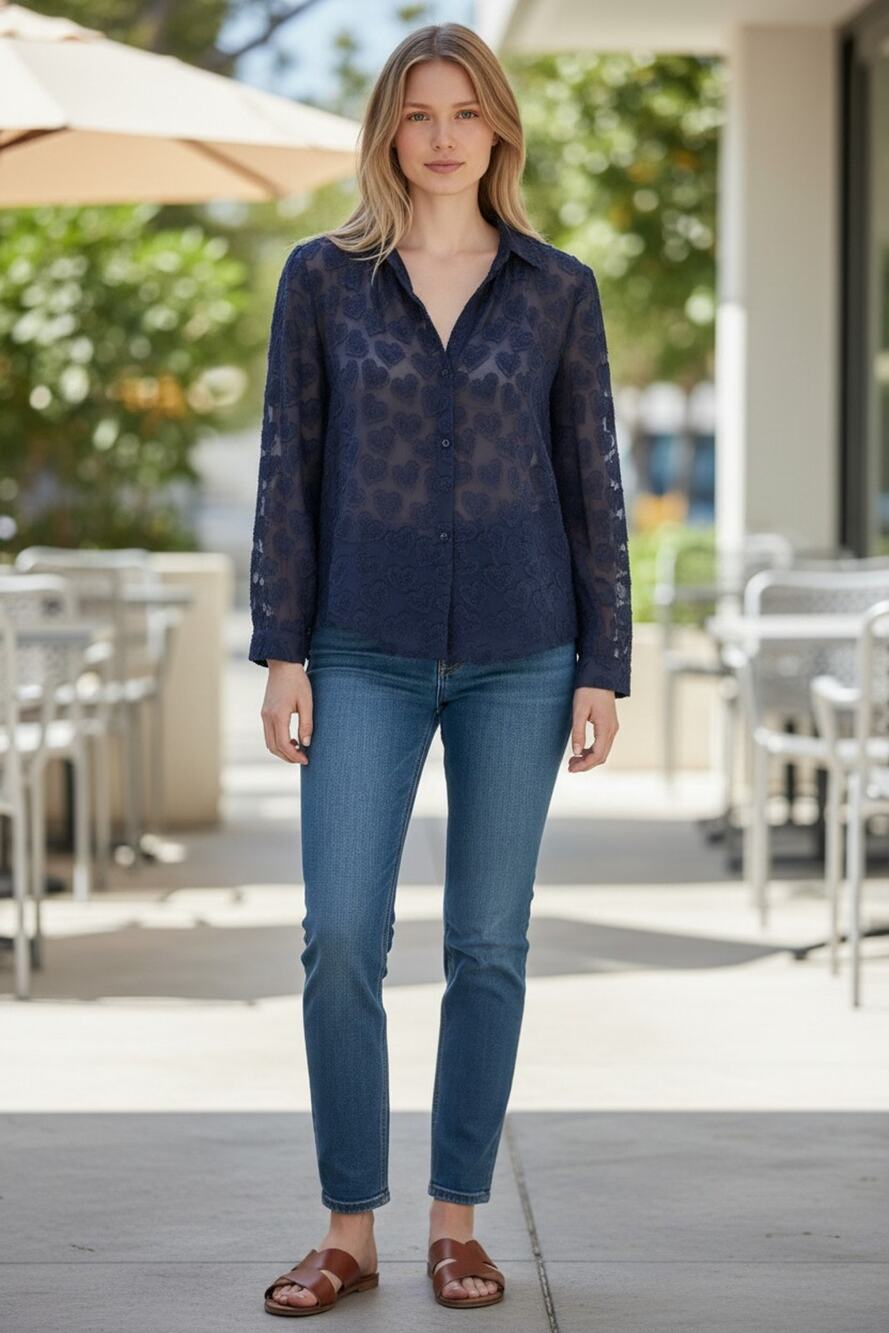 Nic + Zoe Women's Semi Sheer Heart Print Blouse Size Medium Blue